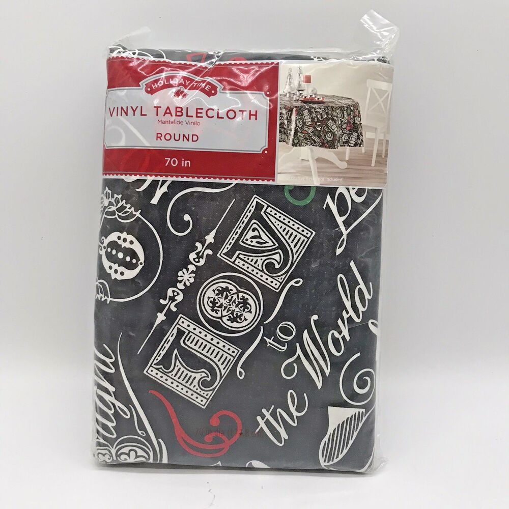 NEW Holiday Time Black Christmas Tablecloth Flannel Back Vinyl 70 inch Round